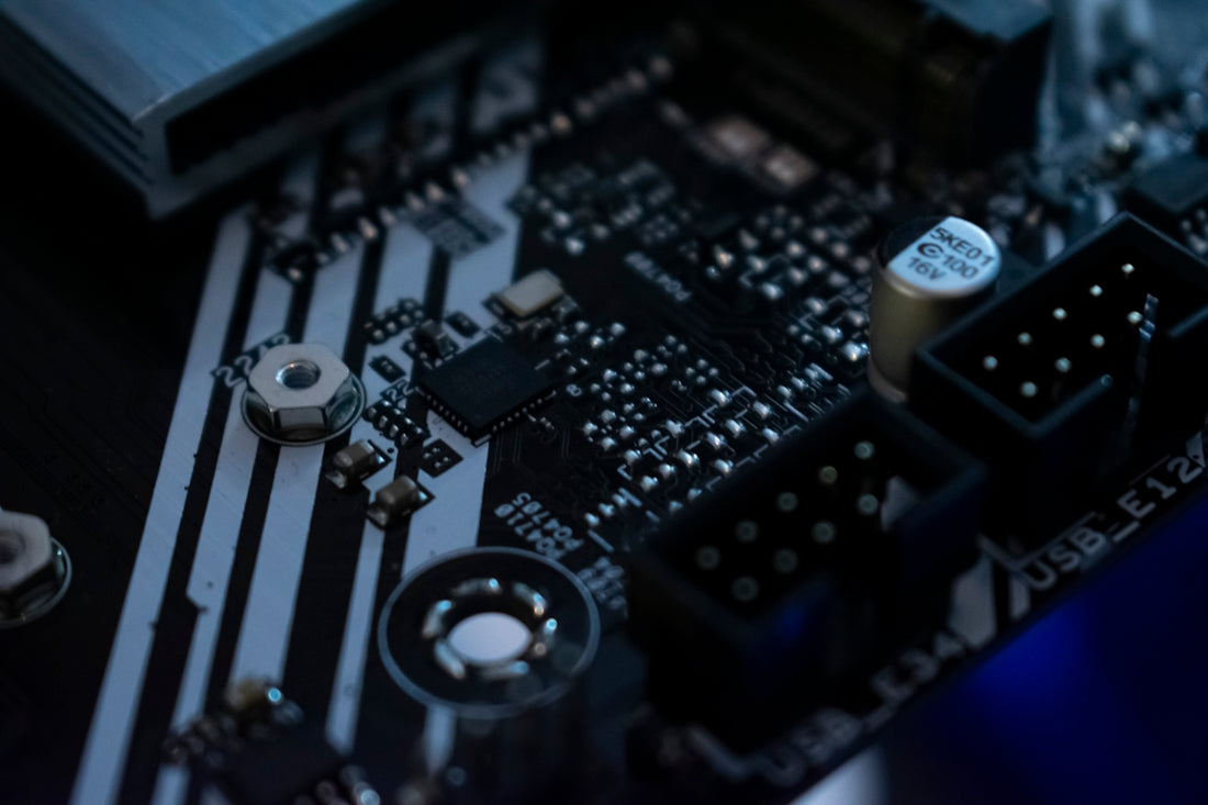 Close-up of a computer motherboard's components.