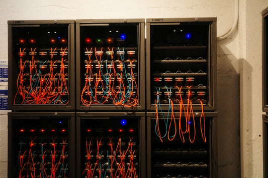 Network servers are connected with cables.