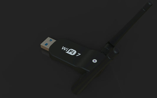 A black usb wifi 7 adapter with an antenna