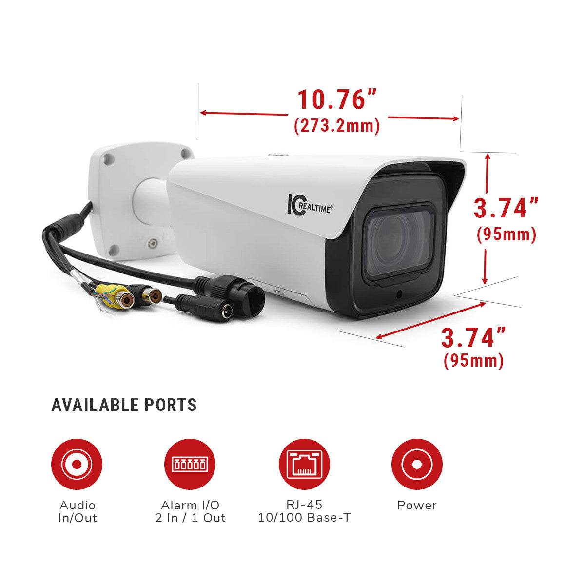 IC Realtime IPEL-B2012X-IRW2 : 2MP IP INDOOR/OUTDOOR FULL SIZE BULLET. VARIFOCAL 5.3 - 64MM MOTORIZED LENS (59° - 34°). 492 FEET SMART IR. POE CAPABLE. AI (ADVANCED INTELLIGENCE) ON-BOARD ANALYTICS