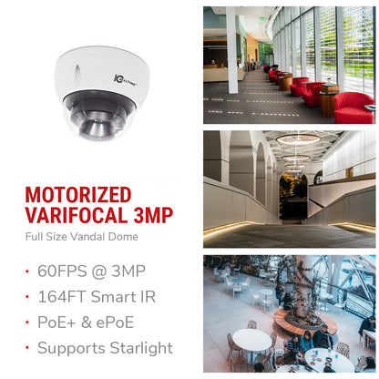 IC Realtime IPEL-D40V-IRW1-AI : 	4MP IP Indoor/Outdoor Full Size Vandal Dome. Varifocal 2.7-12mm Motorized Lens (114° - 47°). 131 Feet Smart IR. POE Capable. AI (Advanced Intelligence) On-Board Analytics