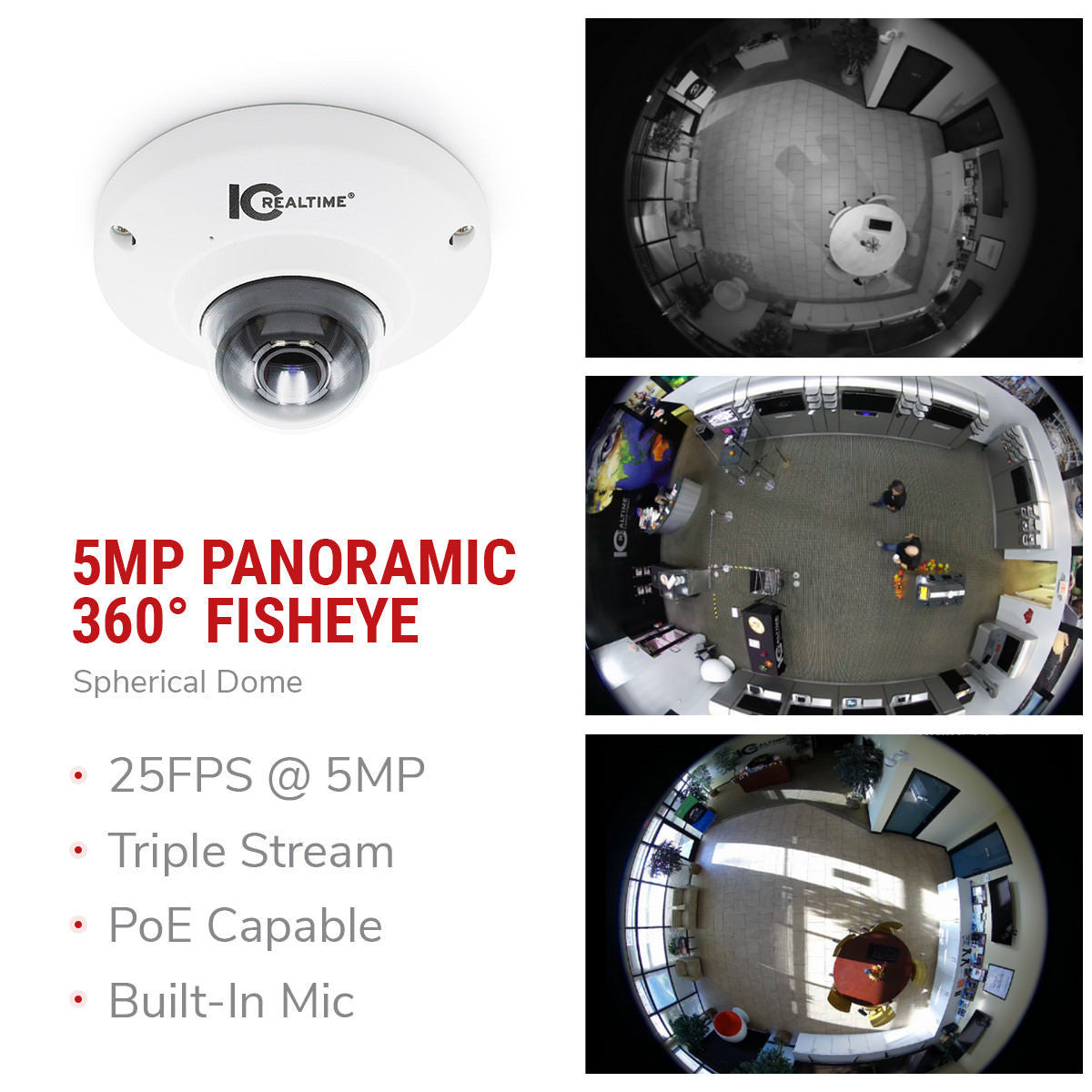 IC Realtime IPEL-F50F-W2 : 5MP Indoor/outdoor 360Â° Spherical Dome. 1.4mm Fisheye Lens (360Â°). Built in Microphone. POE Capable